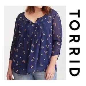 Torrid Womens Plus 1X Blouse Butterfly Print Sheer 3/4 Sleeve Top Shirt